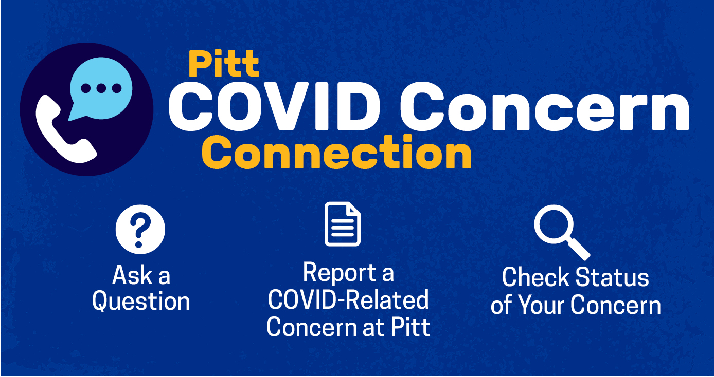 A blue sign that reads "Pitt COVID Concern Connection" with a photo of a telephone next to it
