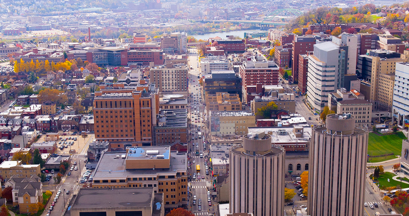 an aerial view of the Pittsburgh campus