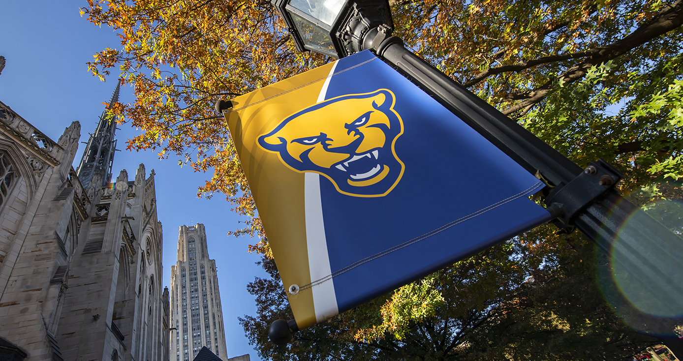 A Pitt flag with trees behind it, with orange and red leaves