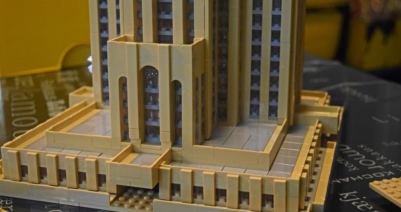 a close-up of a tan-ish yellow LEGO Cathedral