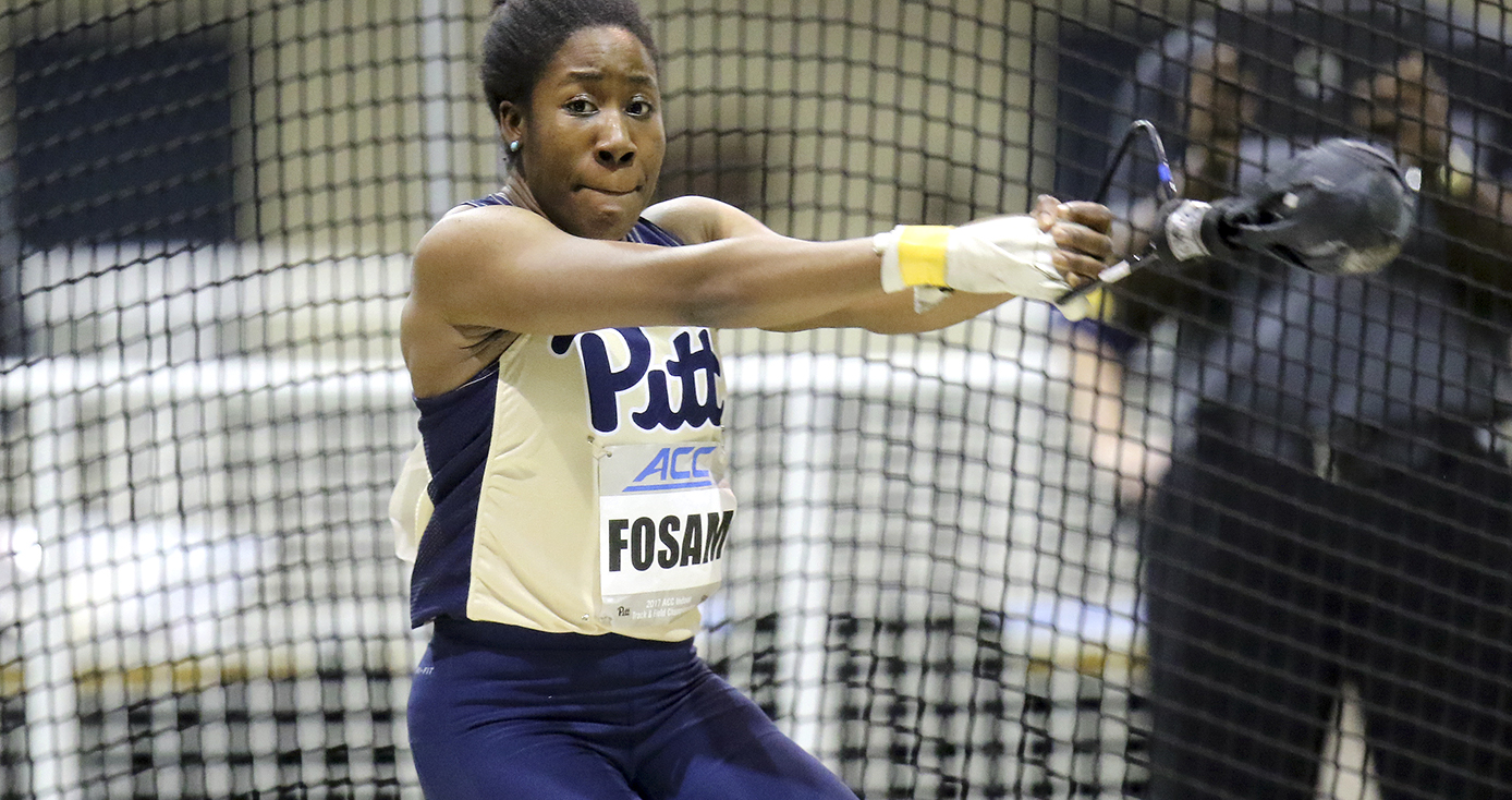 Andin Fosam in Pitt athletics uniform in mid-hammer throw