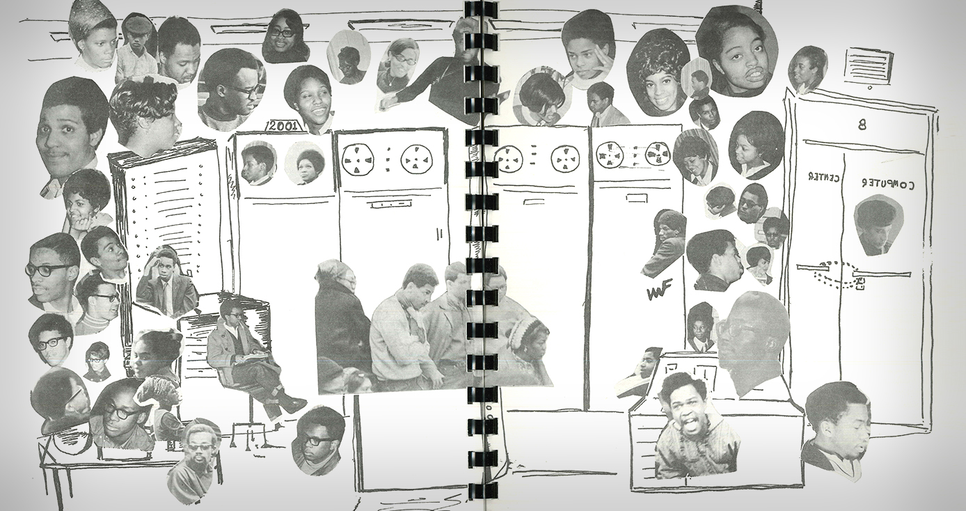 drawing of a computer from the 60s with cut-out photos of black students pasted on top