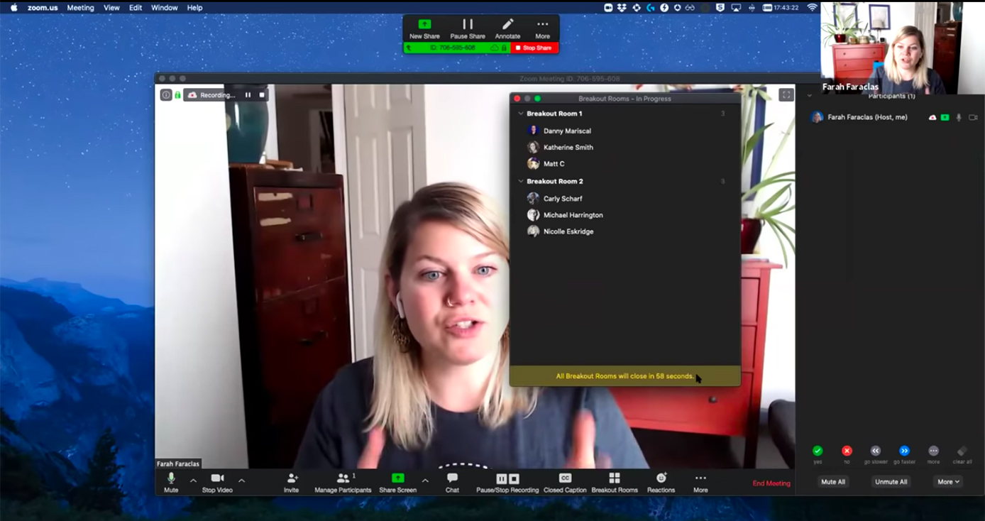 a screenshot of a female instructor using Zoom with a chat feature