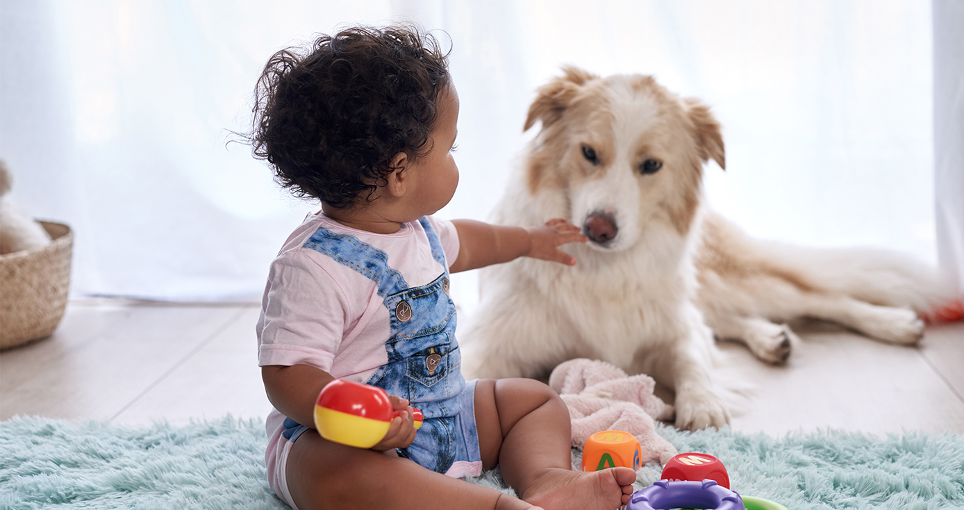 A child in a pink shirt and blue overalls and a dog playing with each other on the ground