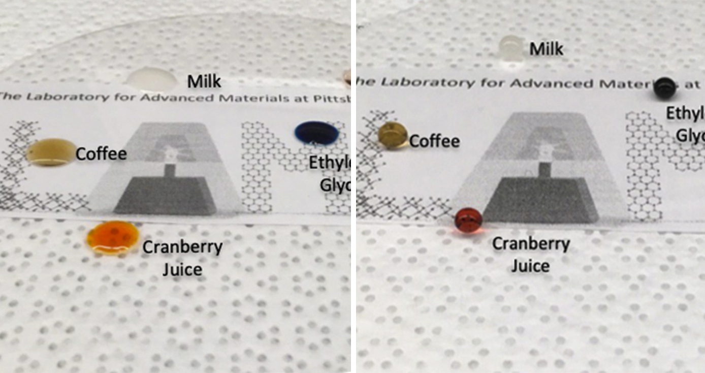 various liquids on two types of glass; the liquids on the superomniphobic surface bead up, whereas they splatter/spread on the regular glass 