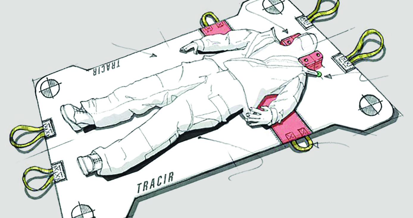 a sketch of the backpack in stretcher mode, with a person/dummy lying on it