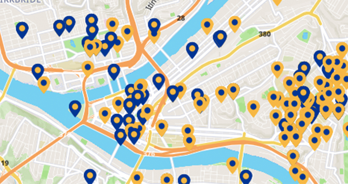 A map indicating organizations with relationships with Pitt colleagues