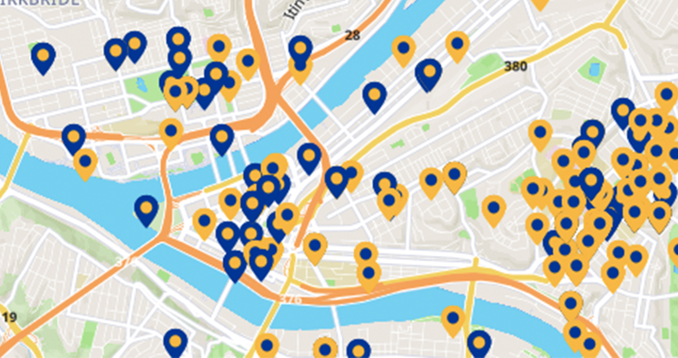 A map indicating organizations with relationships with Pitt colleagues