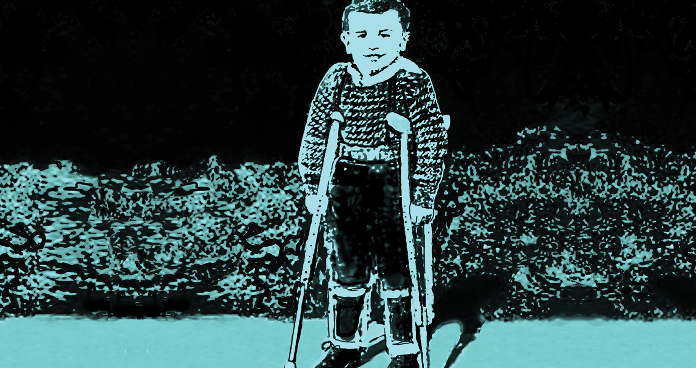 Illustration in blue and black duotone of young boy in wearing leg braces and using crutches