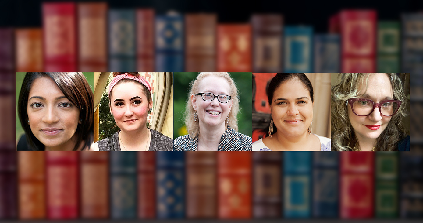 A collection of photographs of five people in front of a bookshelf