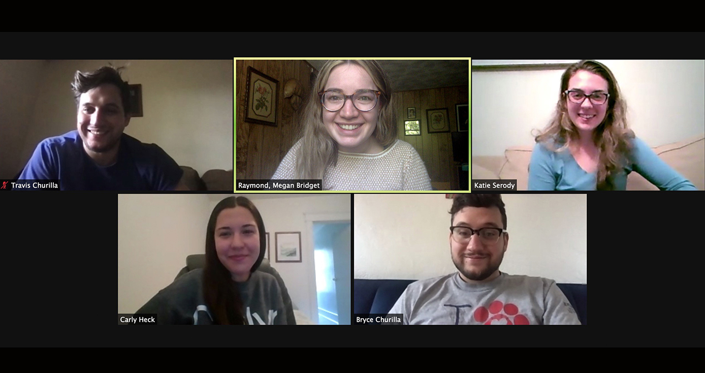 Megan Raymond, Katie Serody, Carly Heck and Bryce Churilla on a Zoom call