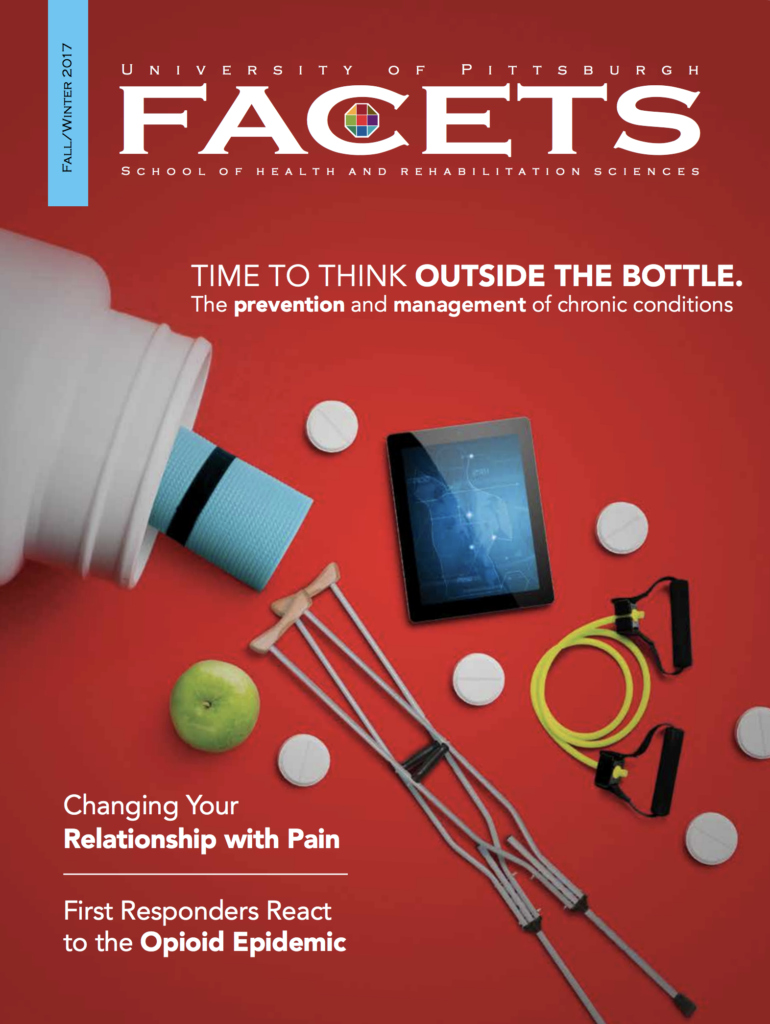 cover of fall/winter facets: red background with a pill bottle spilling out various pills and medical items