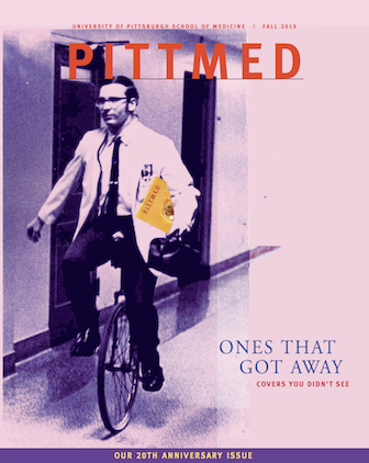 pink cover of Pitt Med magazine, featuring a doctor on unicycle