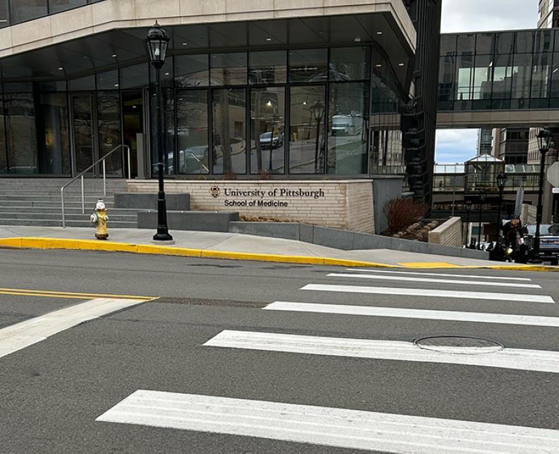 A crosswalk near the Scaife Hall entrance