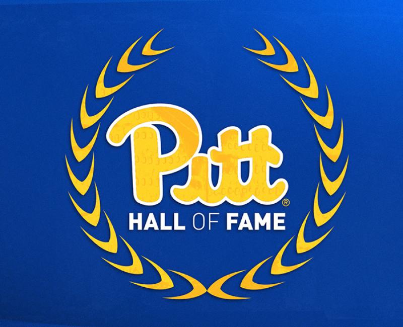 Gold and white writing "Pitt Hall of Fame" on a blue background