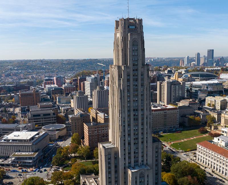Skyline veiw of Oakland with the Cathedral of Learning front and center
