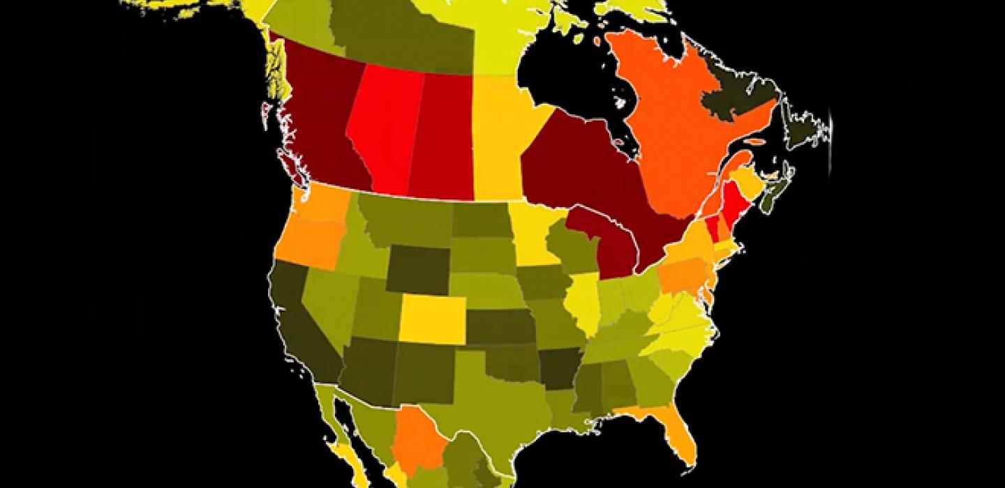 Map of North America marked with green, yellow, orange and red states