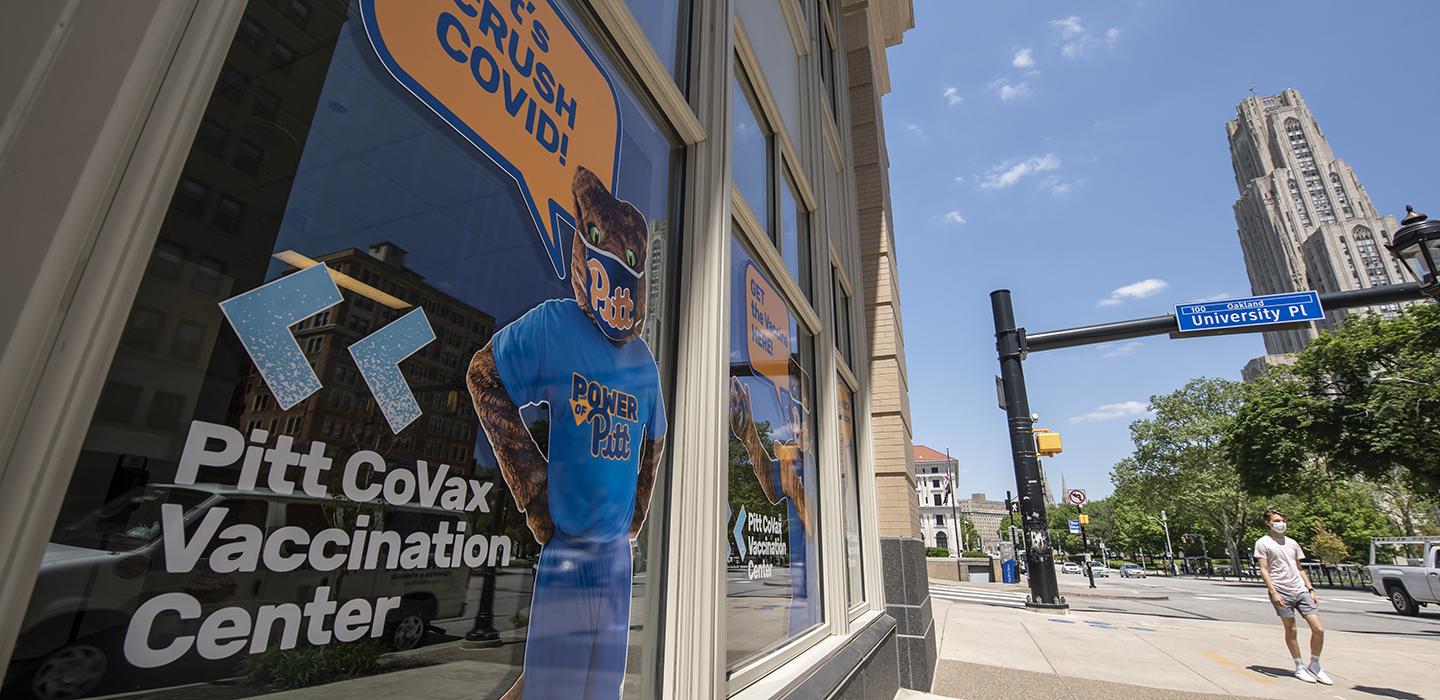 Outside of Pitt Vaccine Center on University Plaza