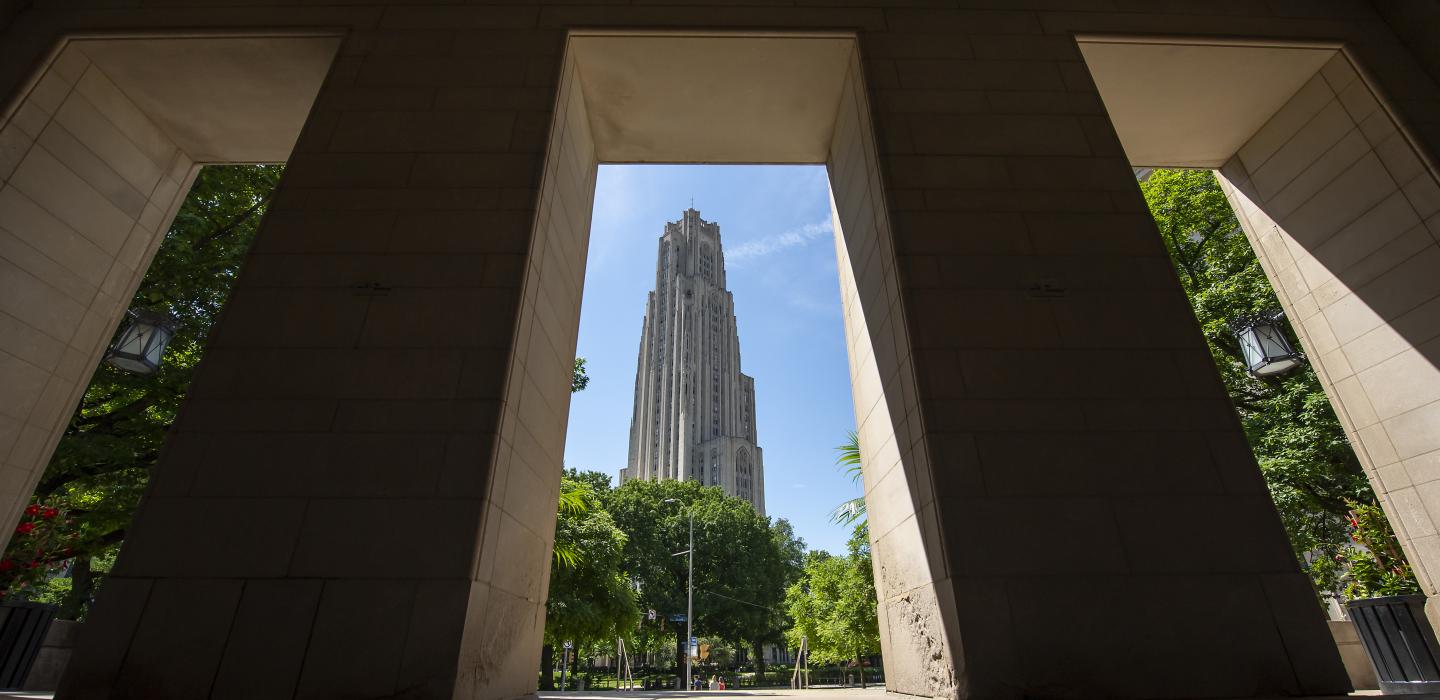 Cathedral of Learning viewed from between for two pillars