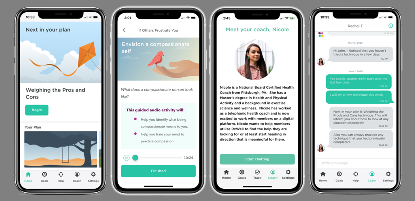 Several phone screenshots of Covid wellness phone app