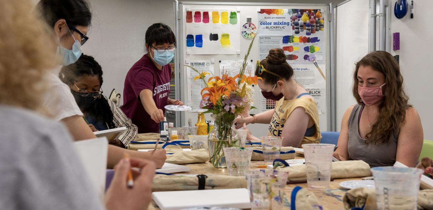 Students with masks, flower painting 