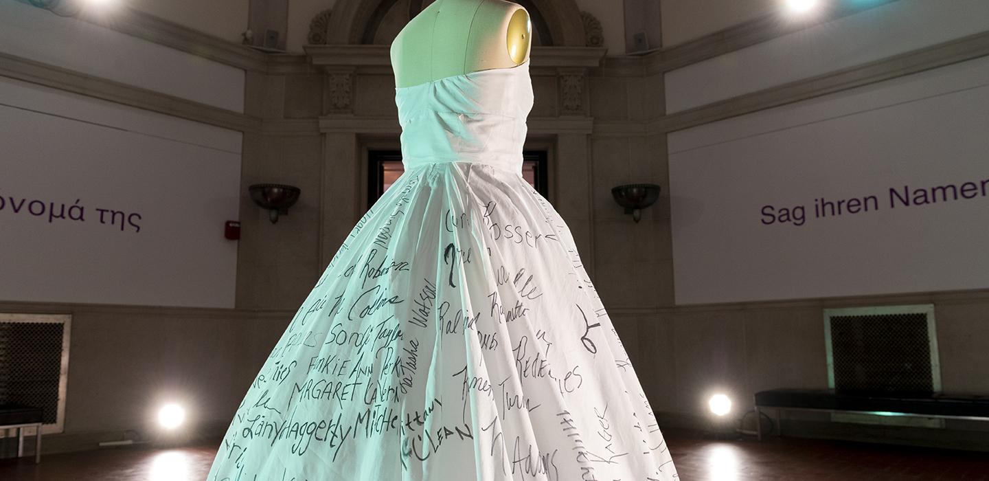 Say Her Name white dress with names written over it