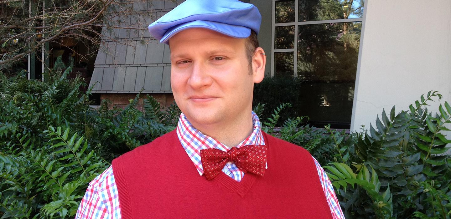 Ricky Lyle Campbell wearing blue hat, red vest and red bowtie.