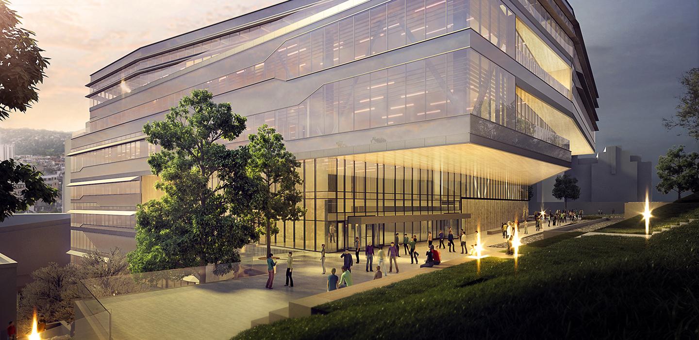 a rendering of a sleek building with many windows and greenery surrounding it