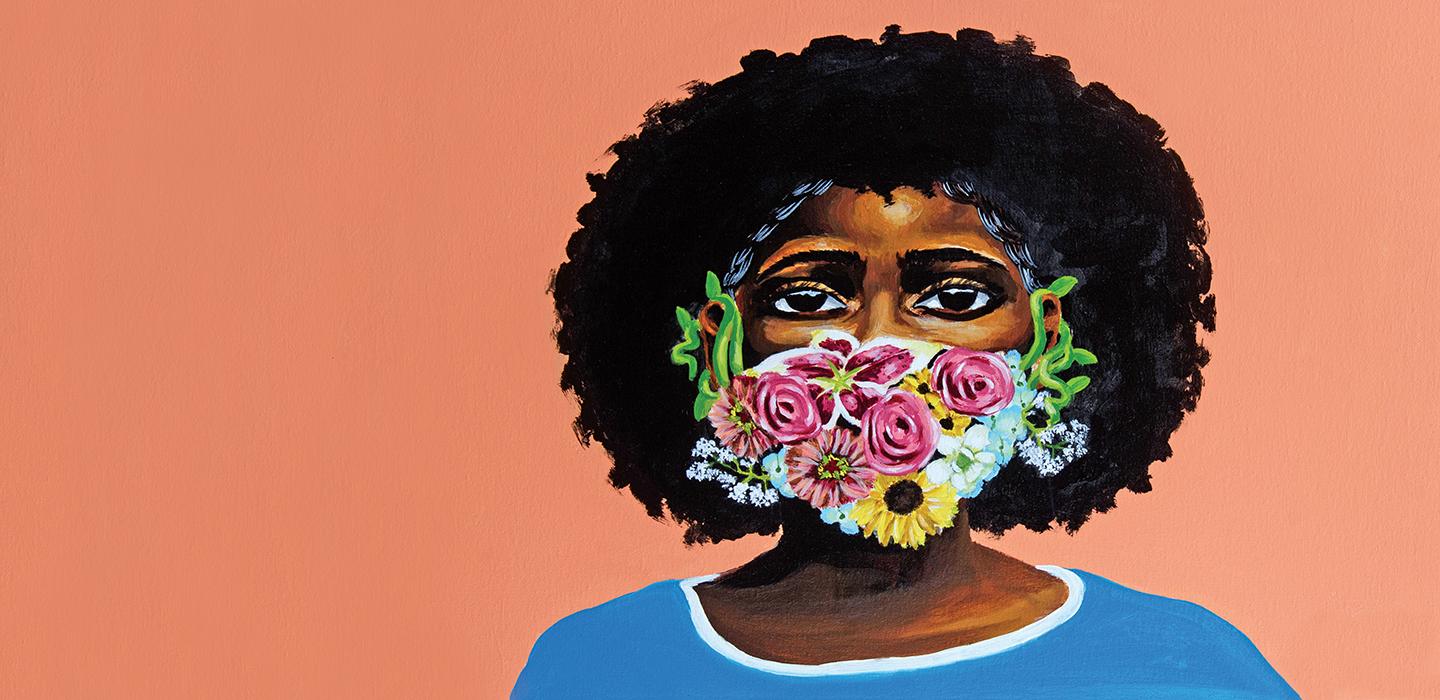 Illustration of woman with flowers covering her mouth