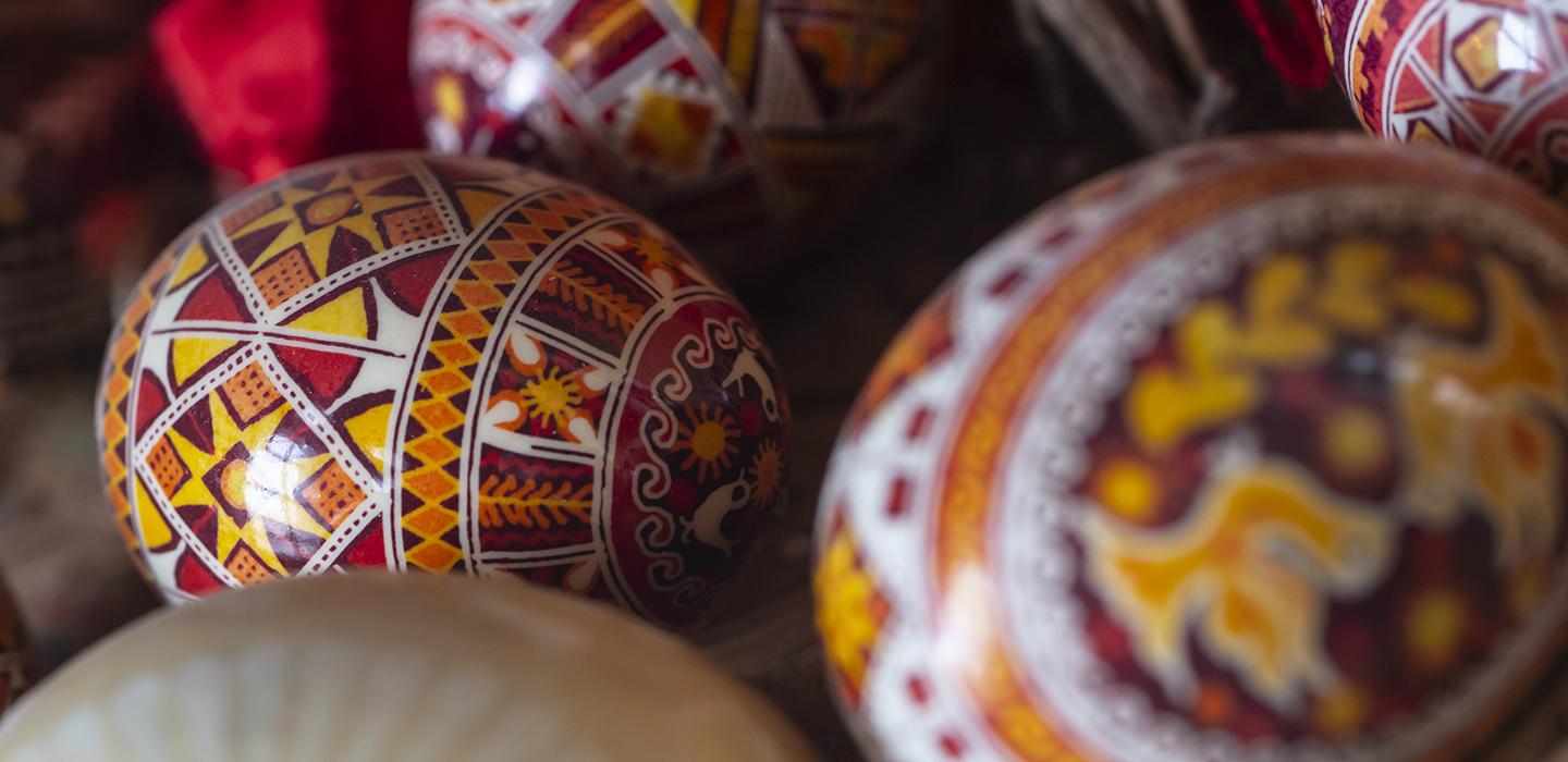 Colorfully decorated Psyanky eggs 