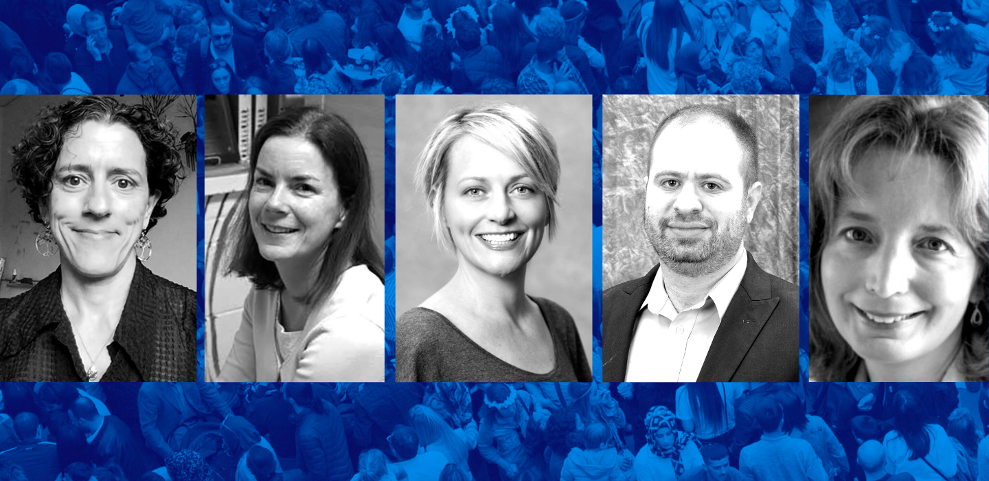 The inaugural Social Justice Faculty Fellows portraits in front of blue background