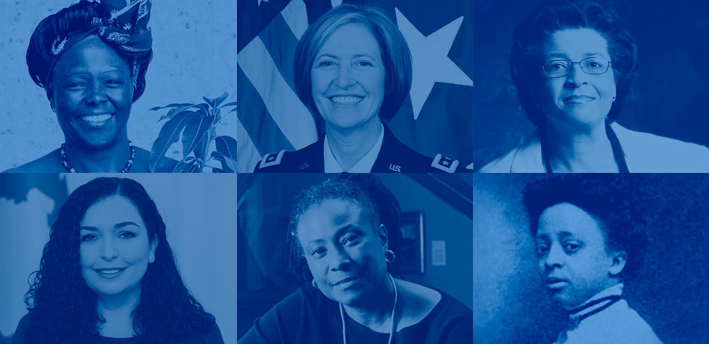 Blue collage of six Pitt women