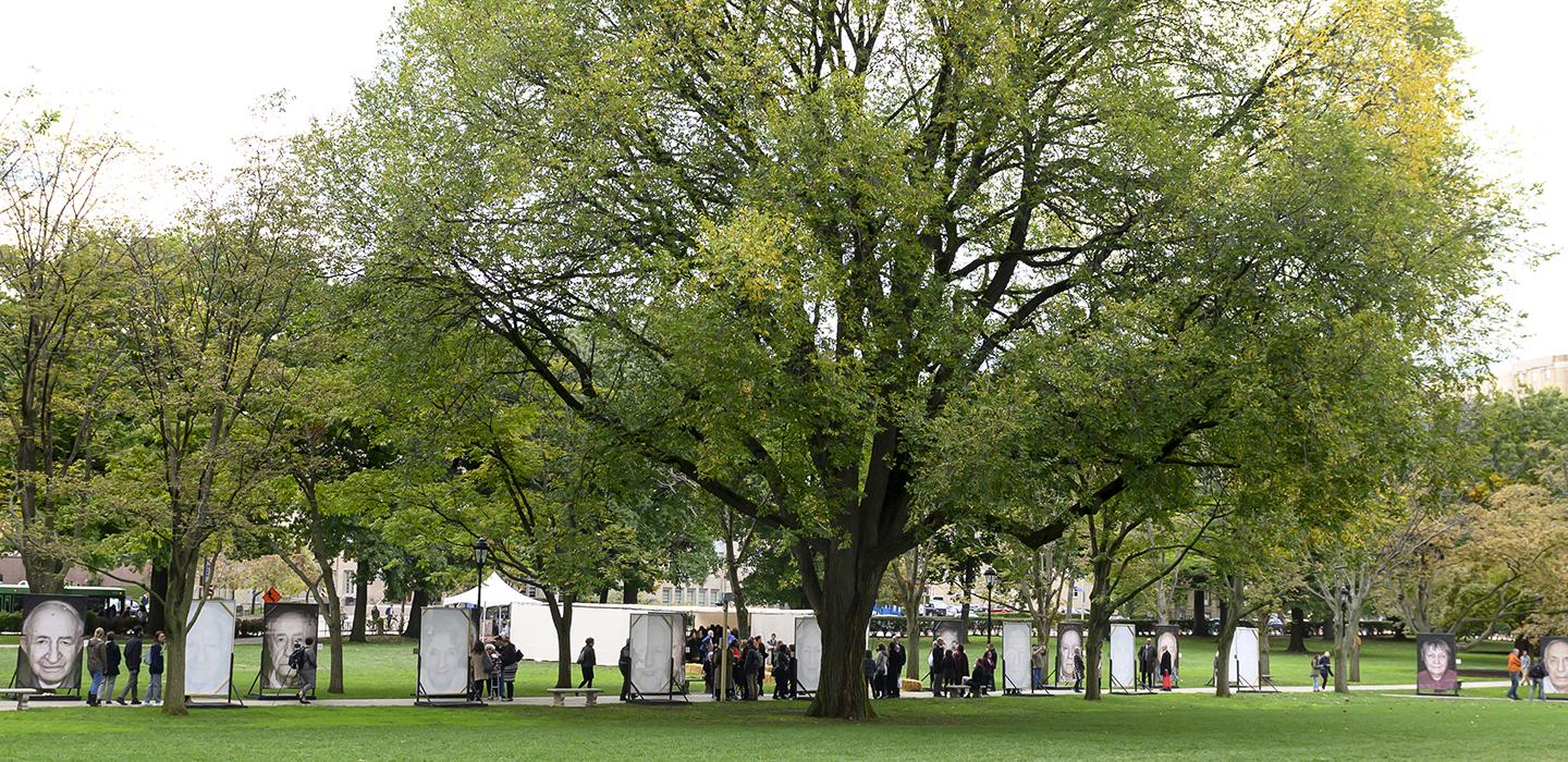 People walking through "Lest we Forget" exhibit near trees in a field of grass