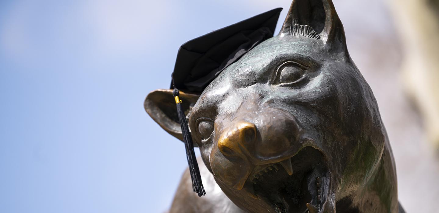 Panther statue with graduation cap