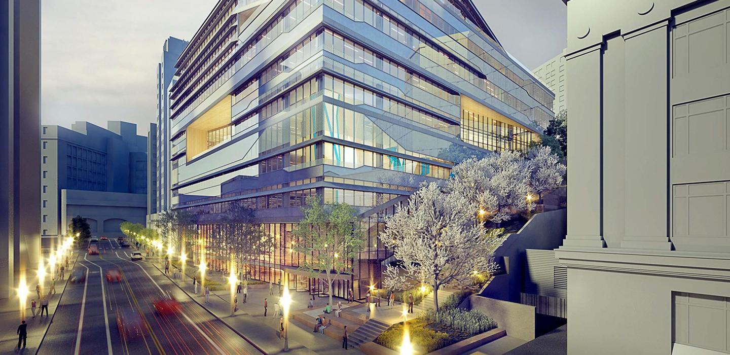 a rendering of a shiny building with many windows in mid-campus