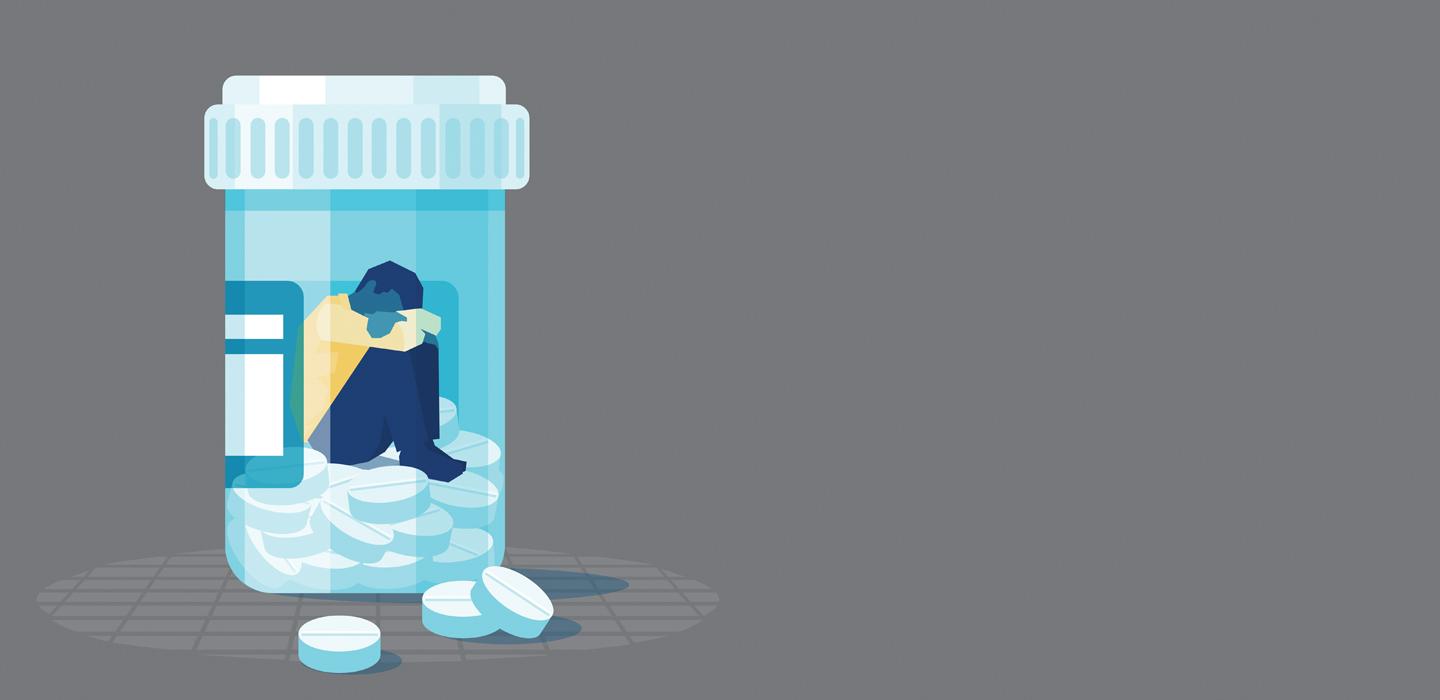 an illustration of a person trapped in a pill bottle