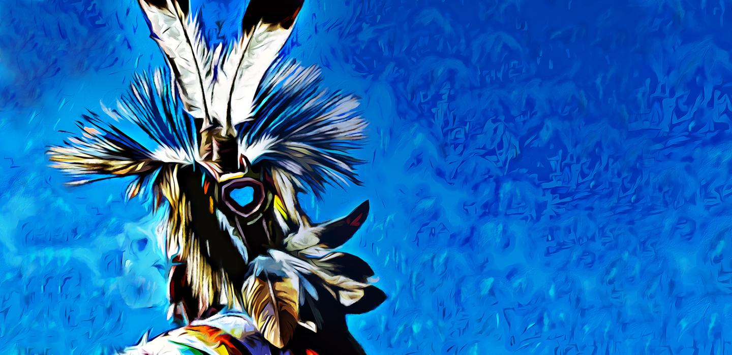 a feathered object on a blue background