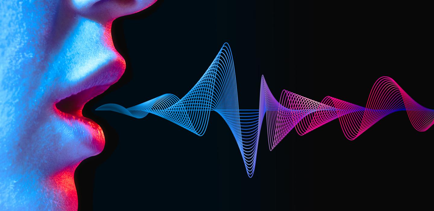 a blue and purple face emitting sound waves