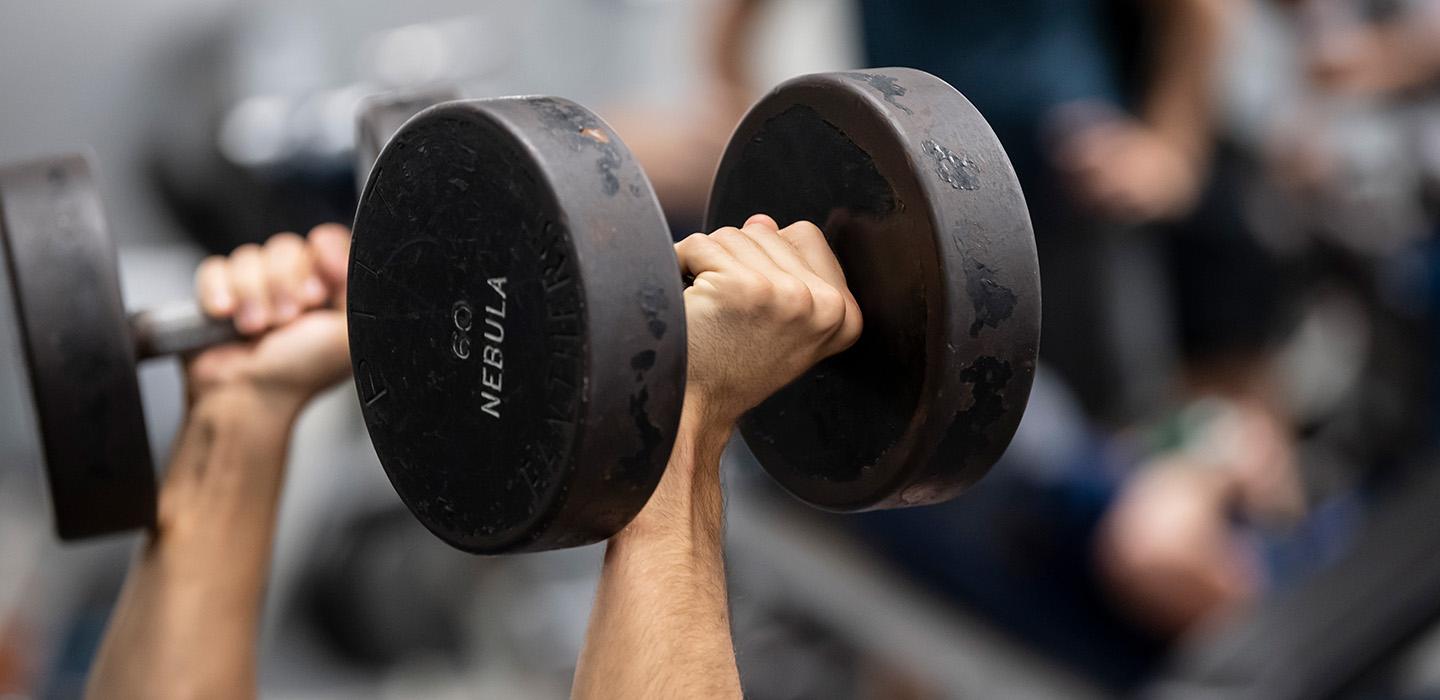 Two hands lift sixty-pound black dumbbells