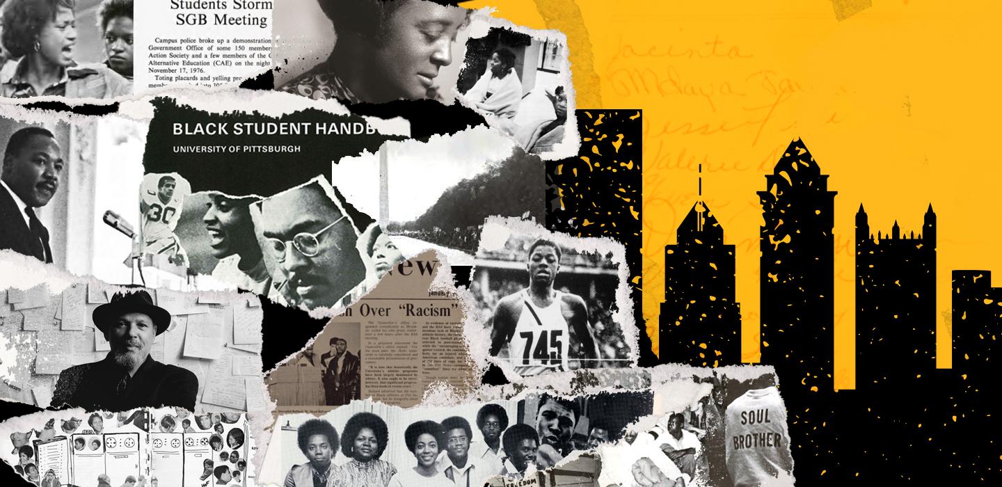 An illustration of archival documents and a Pittsburgh skyline against a yellow background