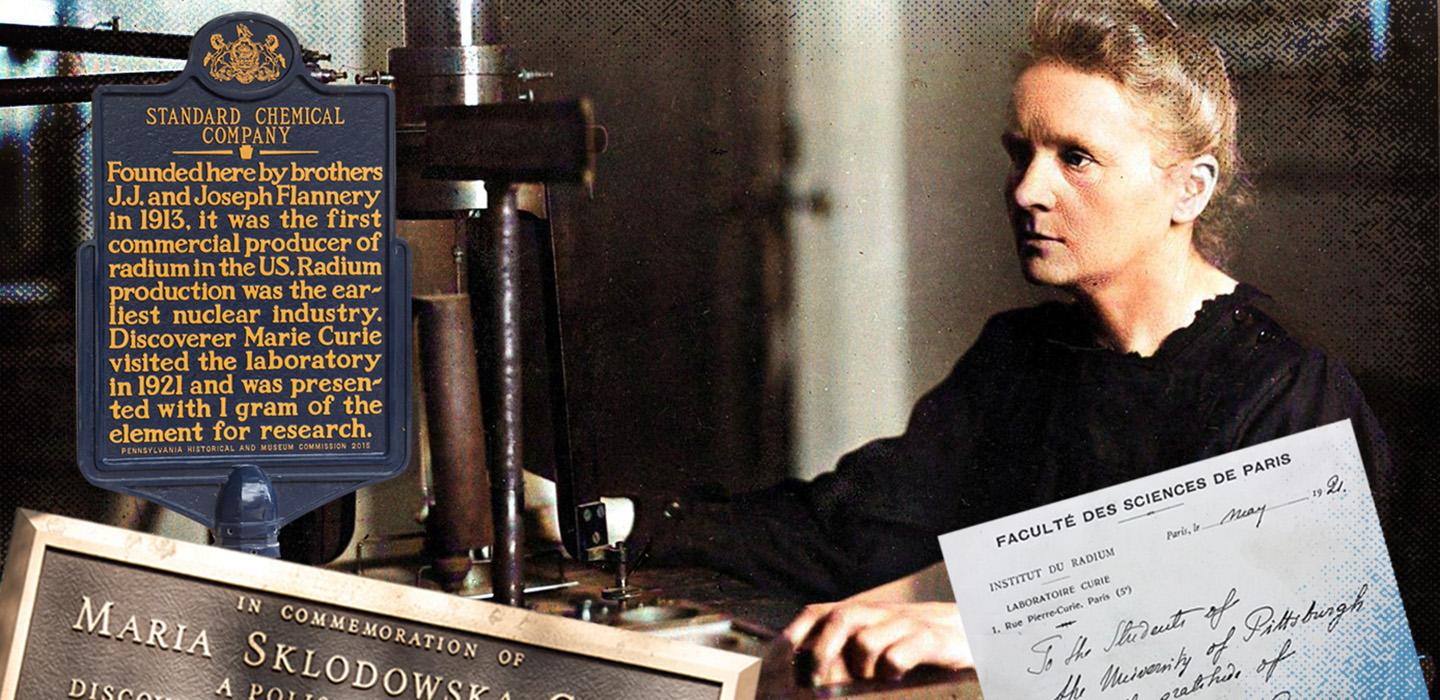 A photo illustration of Marie Curie and plaques