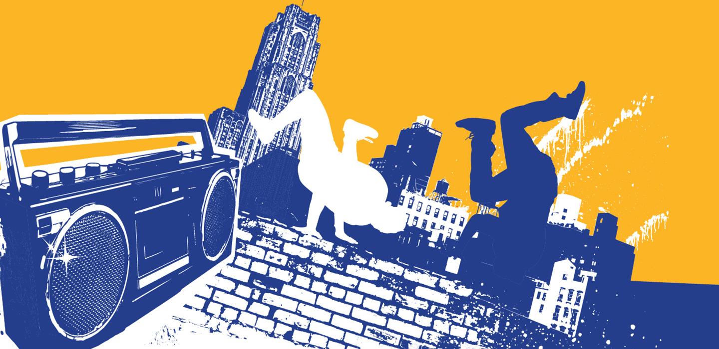 An illustration of breakdancers by a beatbox in front of University of Pittsburgh buildings.