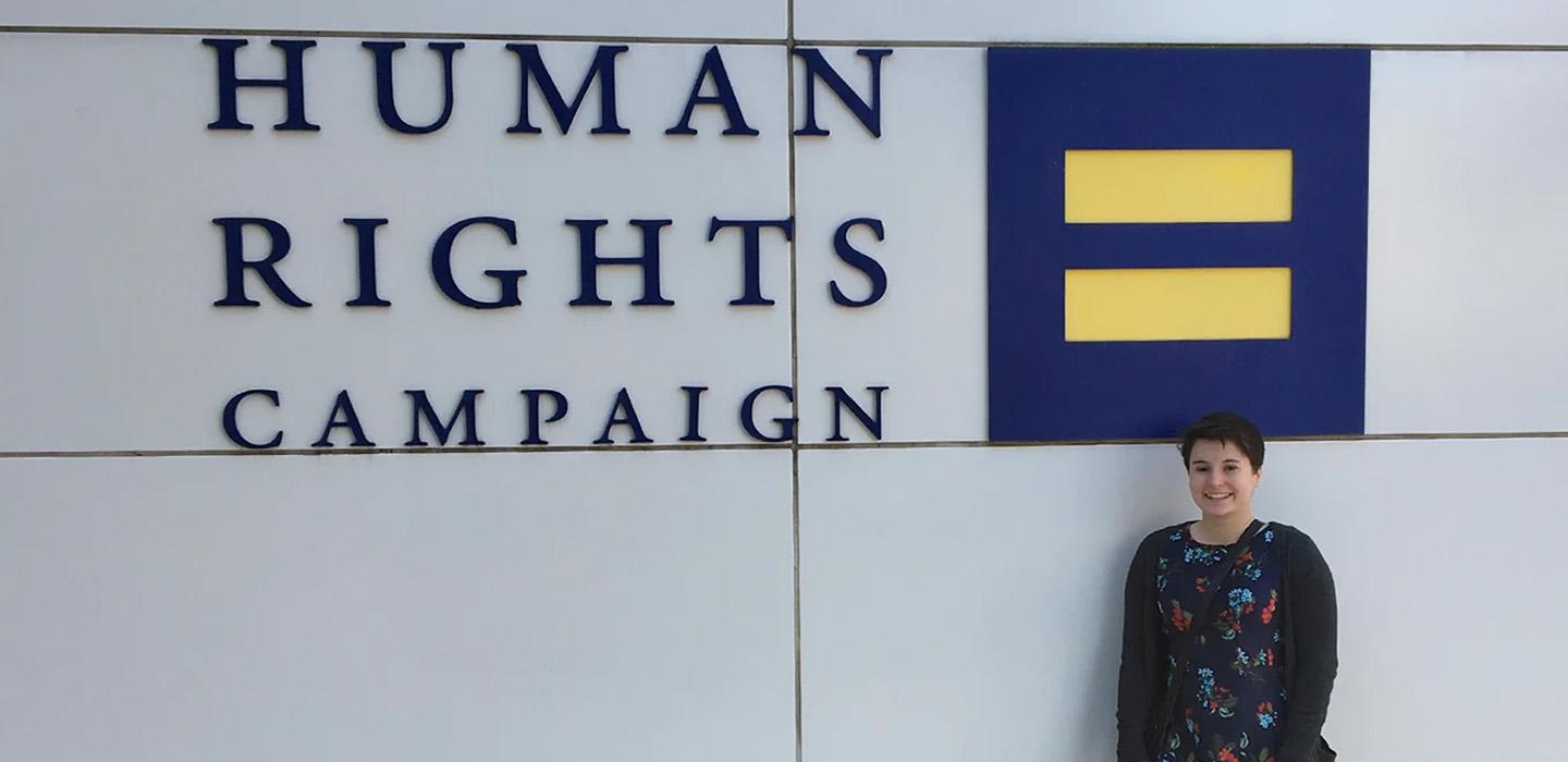 Kelley in front of the Human Rights Campaign building