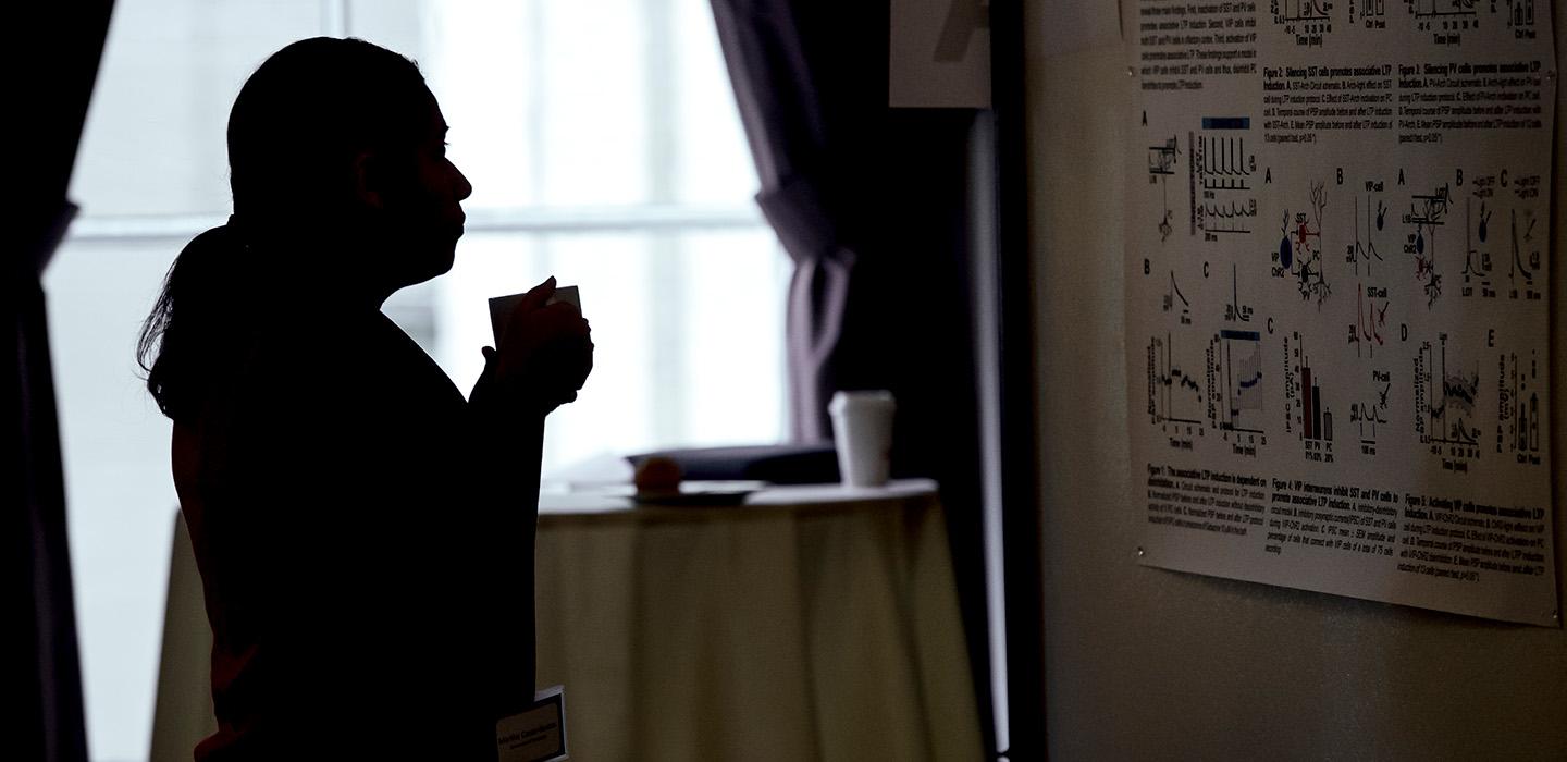 An outline of a person looking at a research poster