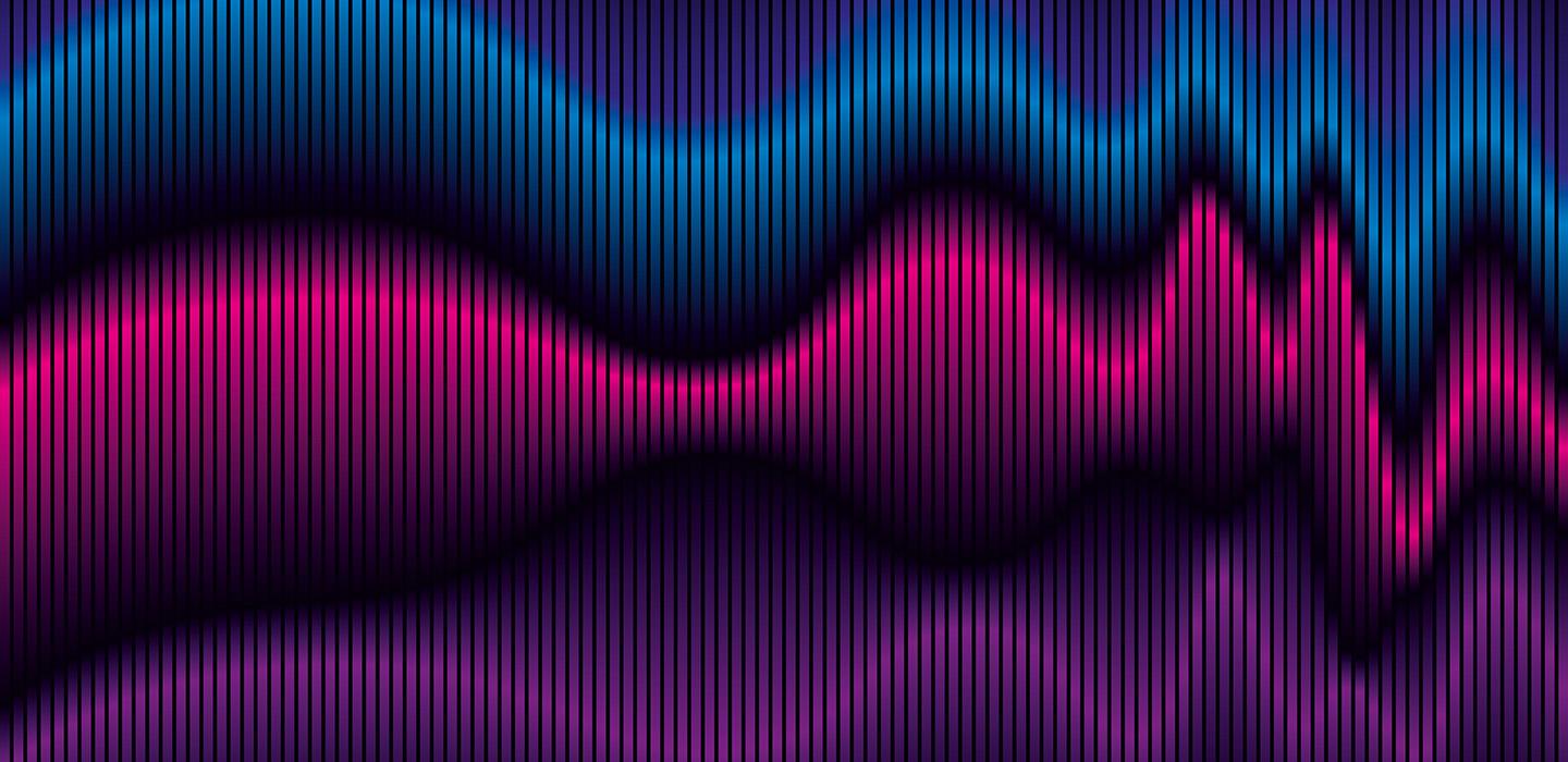 An illustration of wavy blue, pink and purple lines
