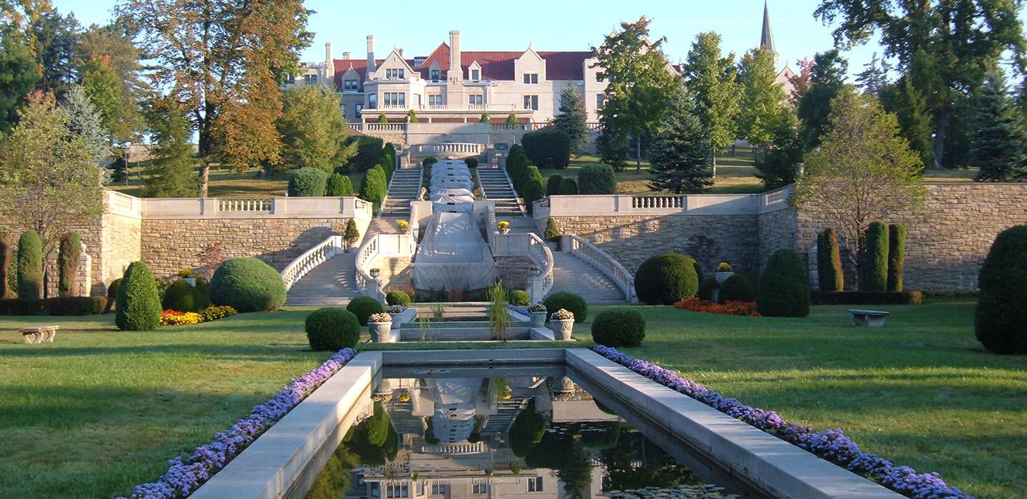 A reflection pool in the sunken gardens at Mount Assisi