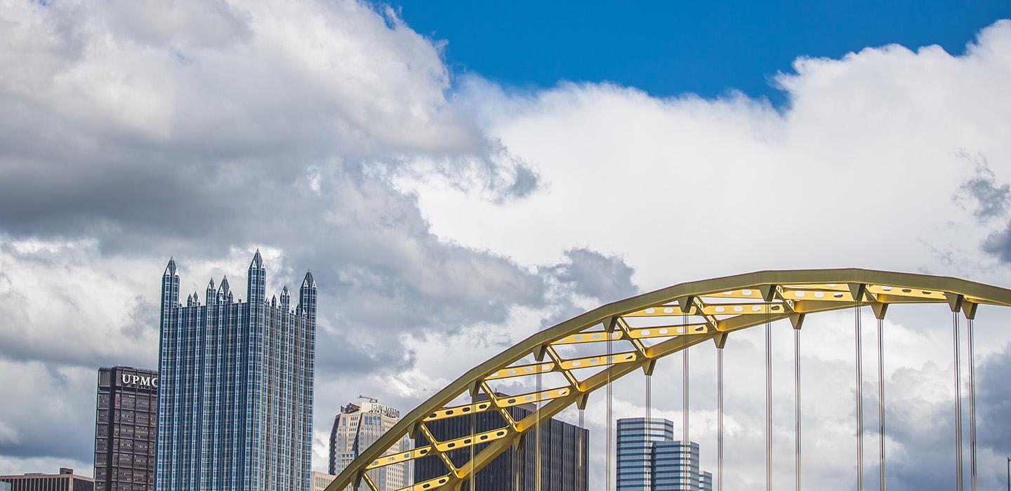 A bridge and parts of the Pittsburgh skyline
