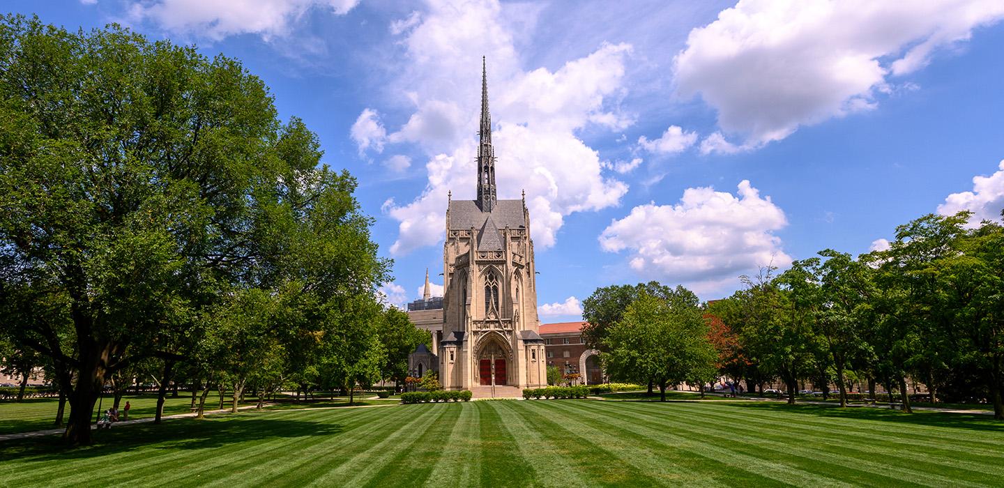 Heinz Memorial Chapel, seen across a freshly mowed lawn