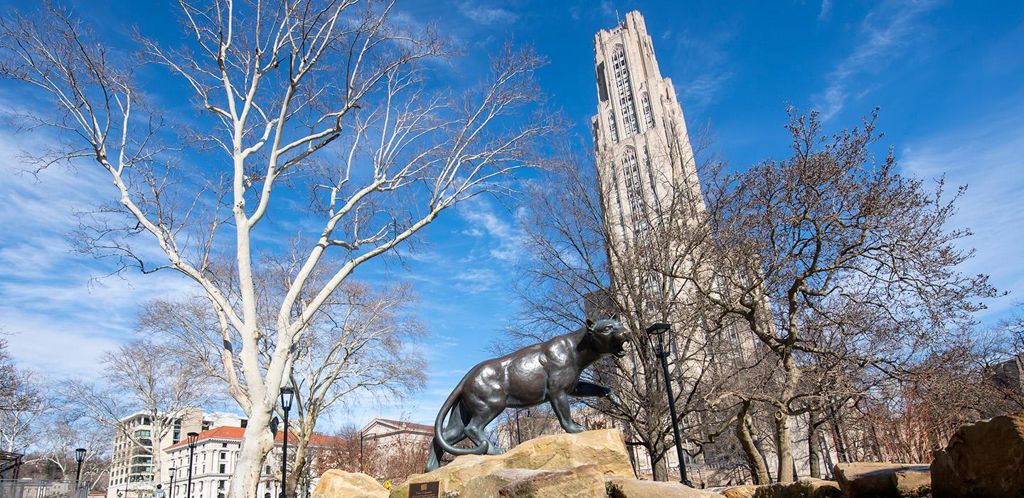A Panther statue in front of the Cathedral of Learning