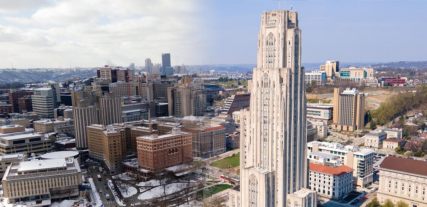 A drone shot fades from Pitt's campus on a snowy day to a sunny day
